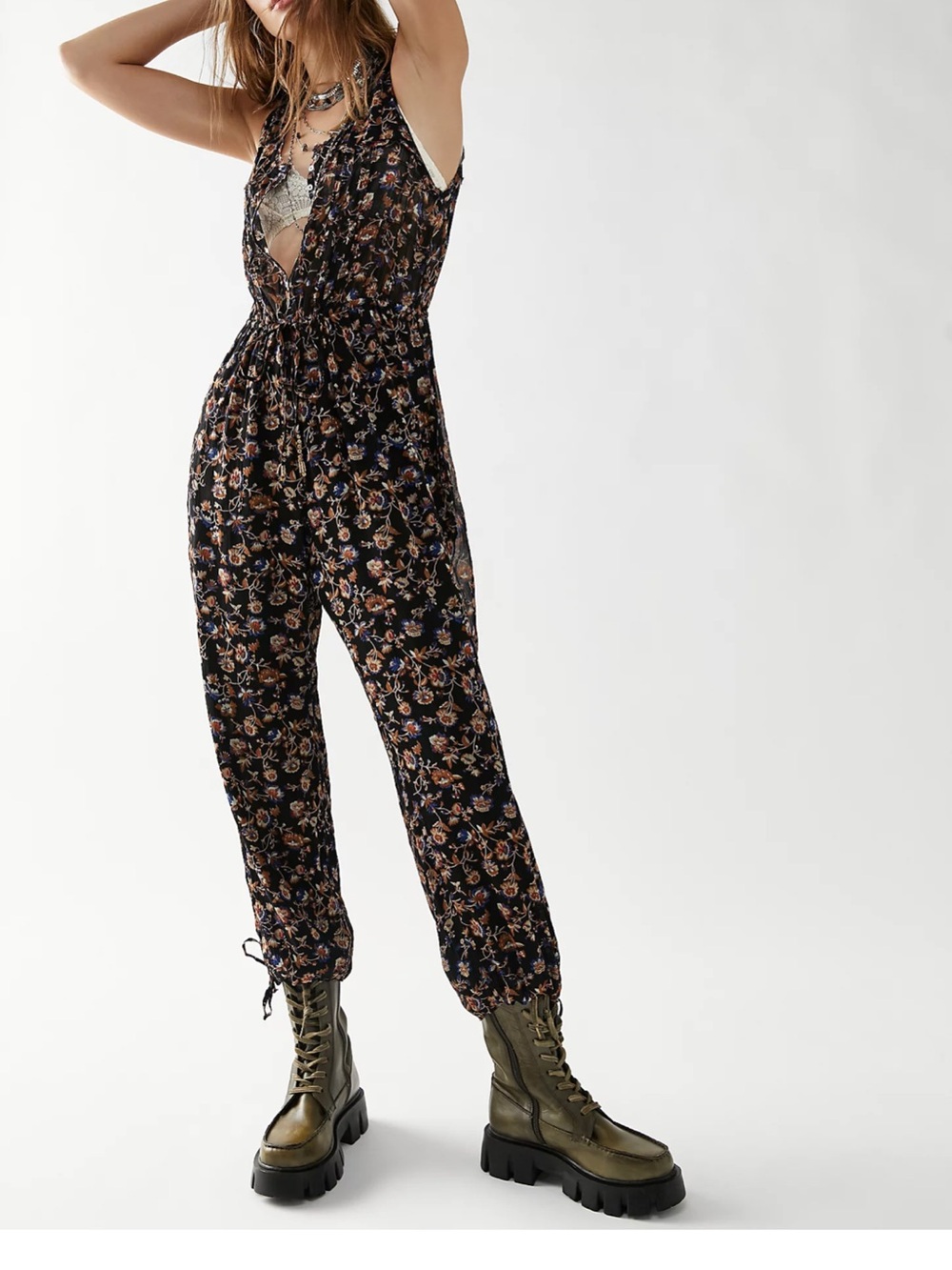 Free People Black Floral V-Neck Sleeveless Jumpsuit
